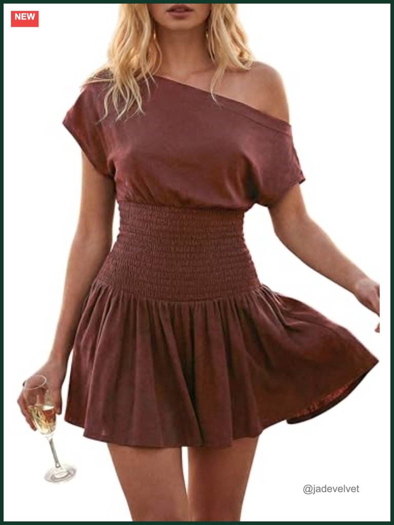 Women's One Shoulder Mini Dress With Pockets Smocked Waist Boho Cotton Stretch